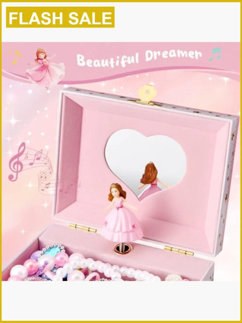 Musical Jewelry Box with Spinning Princess Doll, Kids Storage for Rings